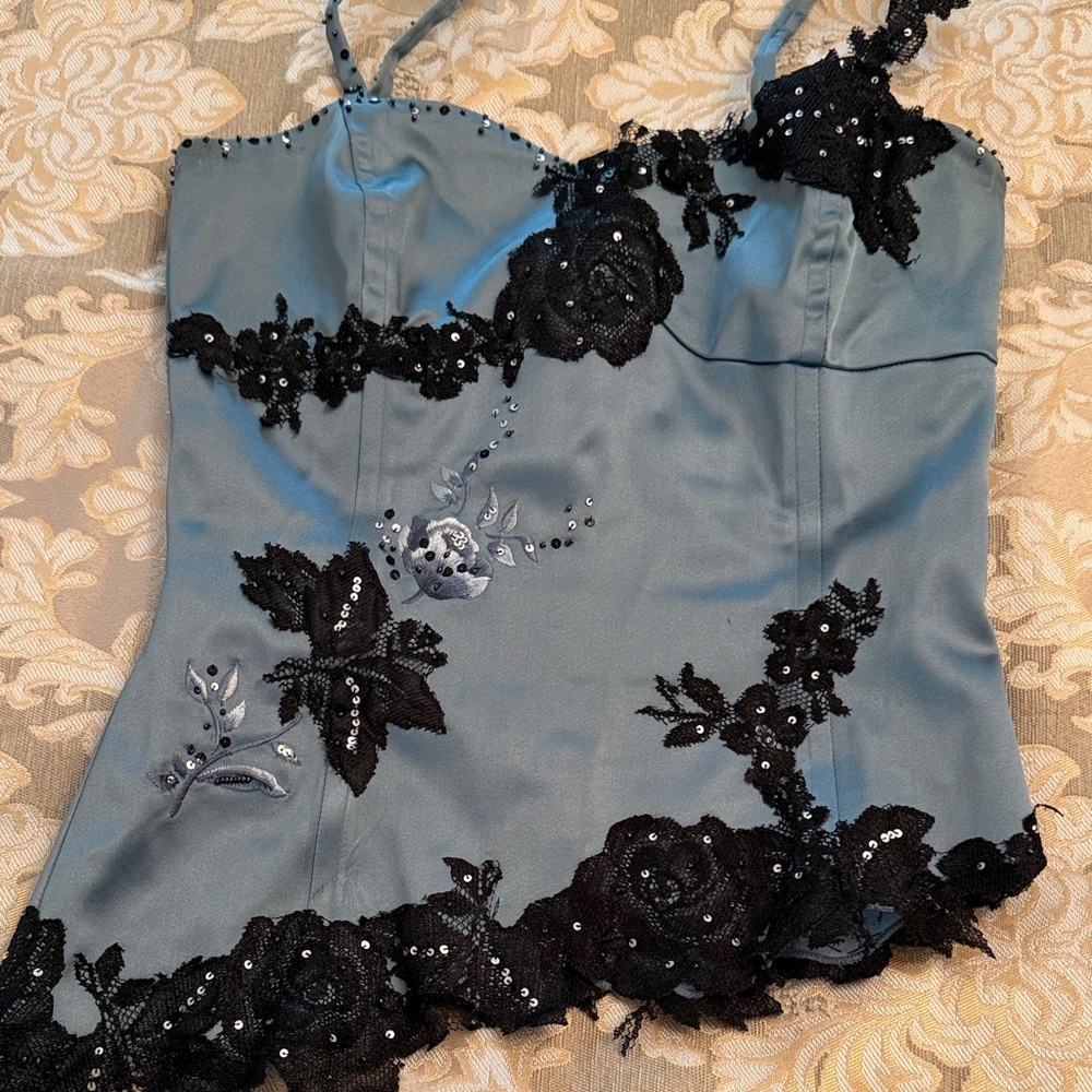 Adrianna Papell Blue Chemise with Black Lace top